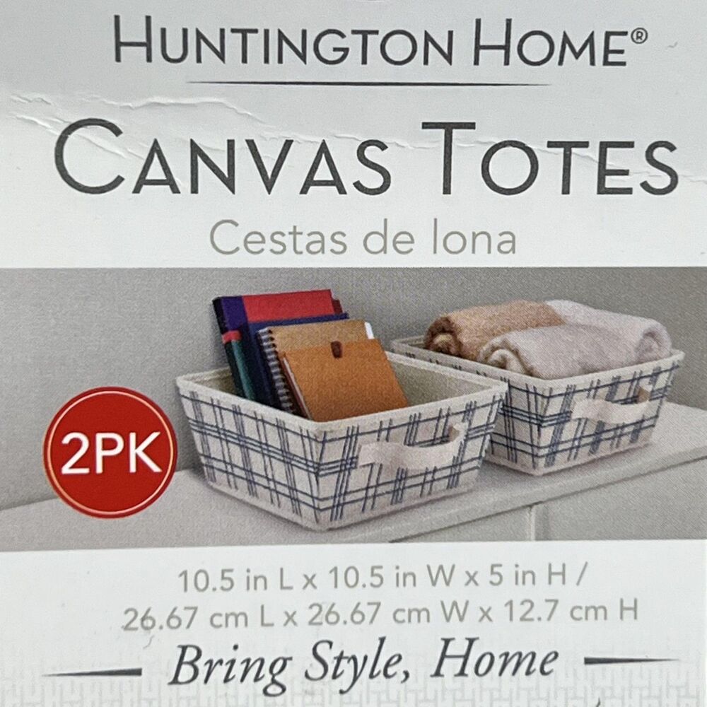 Aldi Huntington Home Canvas Totes 2PK Beige Storage Baskets Plaid Handles Small